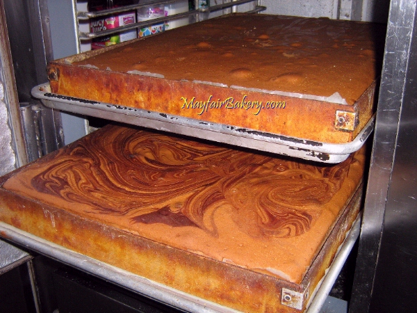 Marble pound cake sheets being chilled